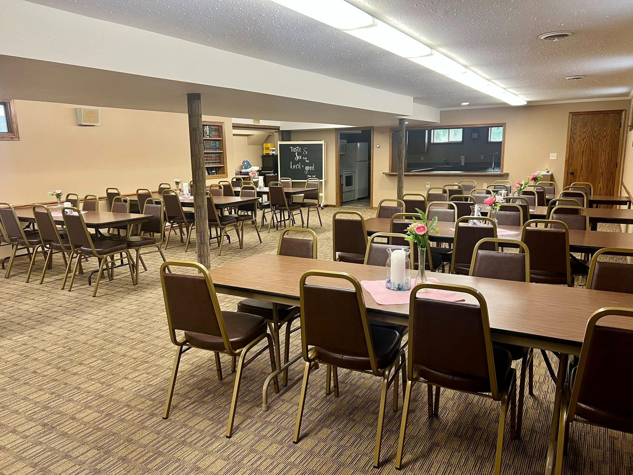 Fellowship hall where potlucks, bible study, and some Sunday School takes place fellowship hall
